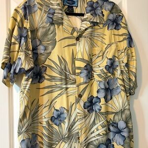Pacific Blue Yellow Floral Camp Shirt with Blue Hibiscus